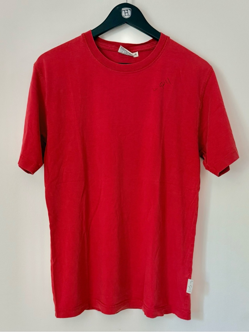 Red Crew Tee with Script at the Shoulder